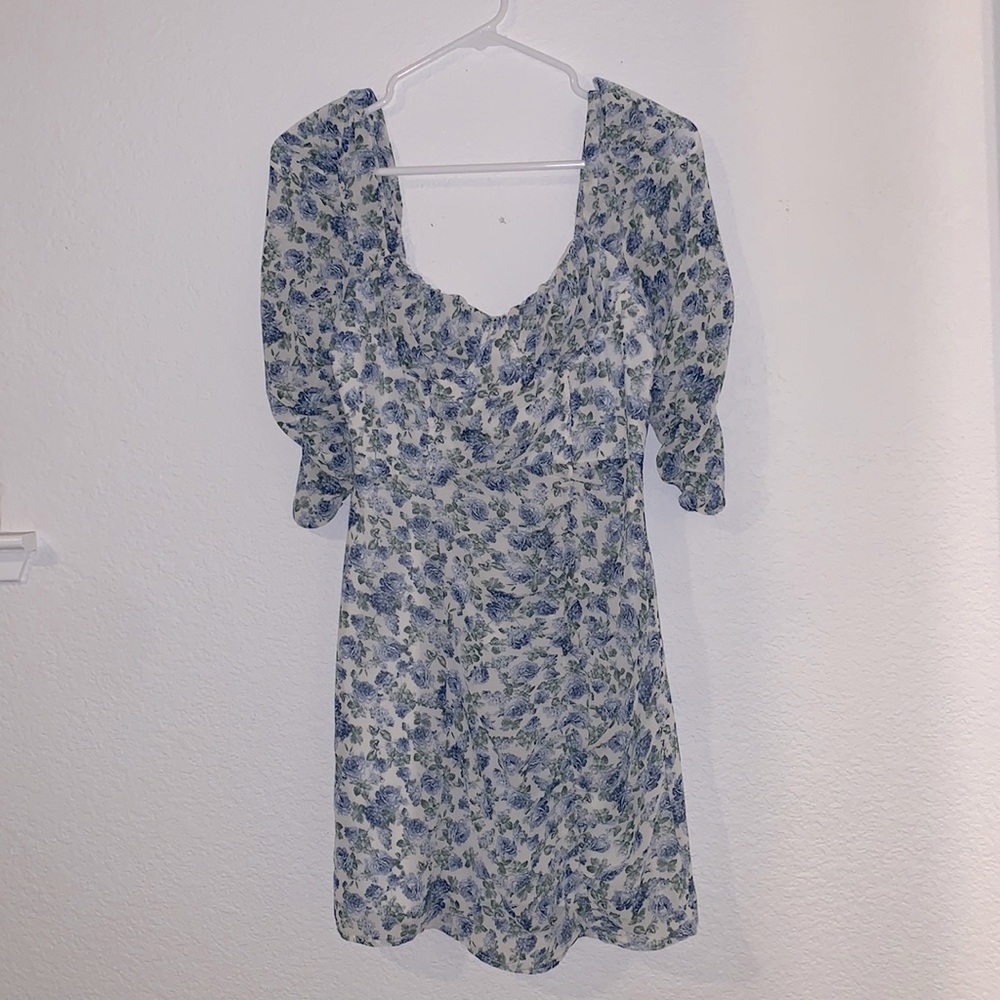Cotton candy blue puff sleeve floral dress